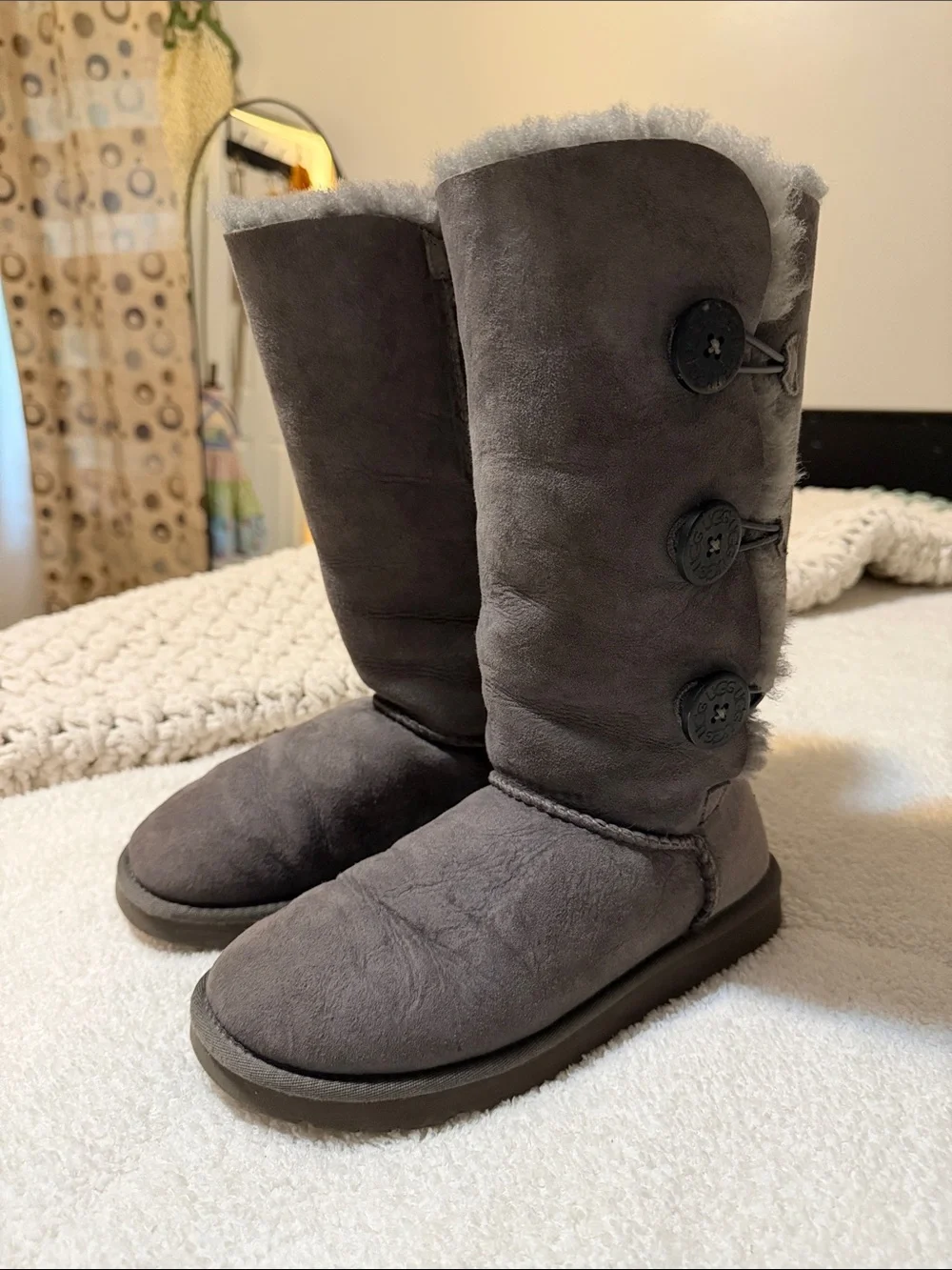 UGG Tall Button Boot in Gray with Shearling Trim